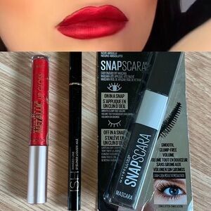 3 Items - Metallic Red Lip Gloss, Maybelline Mascara, and ISH Winged Liner